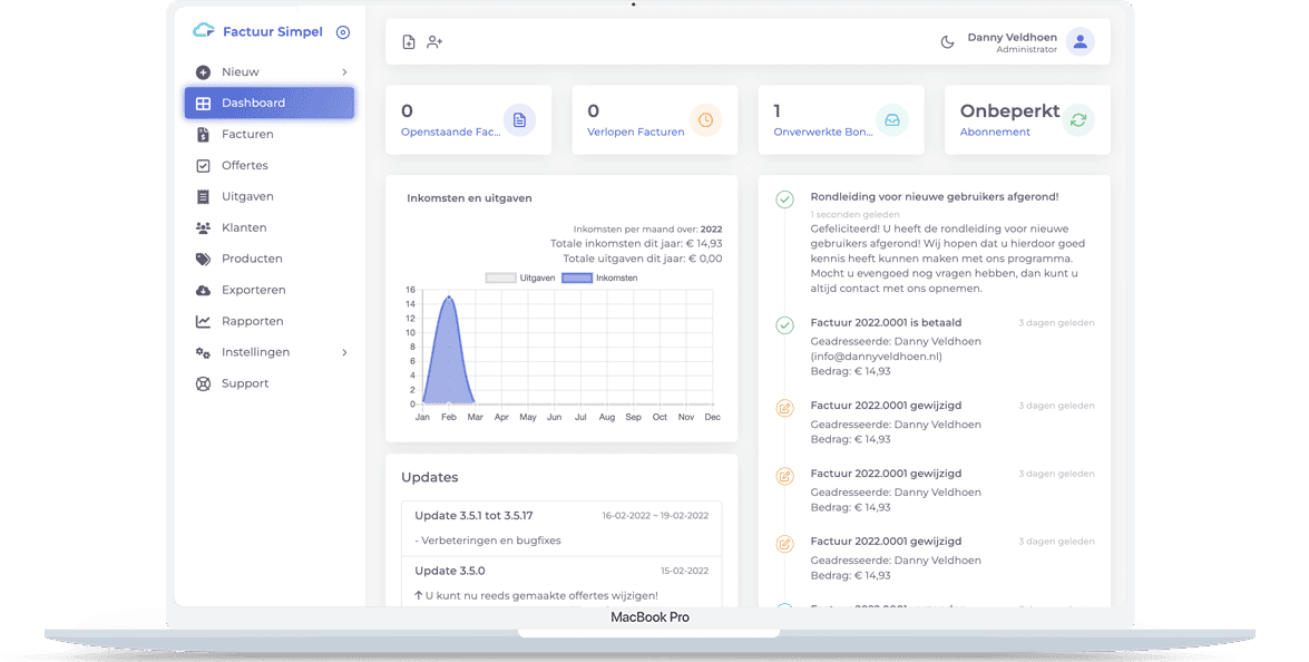 Factuur Simpel dashboard showing invoice overview and statistics