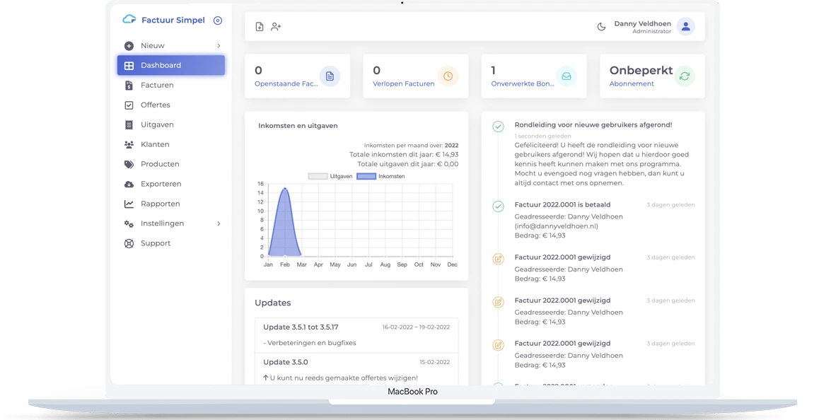 Factuur Simpel dashboard (Dutch interface) on a laptop, showing open and overdue invoices, a monthly income and expenses chart and recent invoice activity